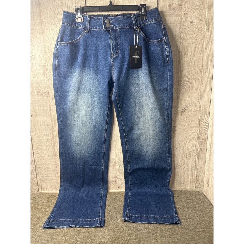 Flamingals Womens Size XL Blue Jeans High Waist Wide Leg Jeans Stretch Denim